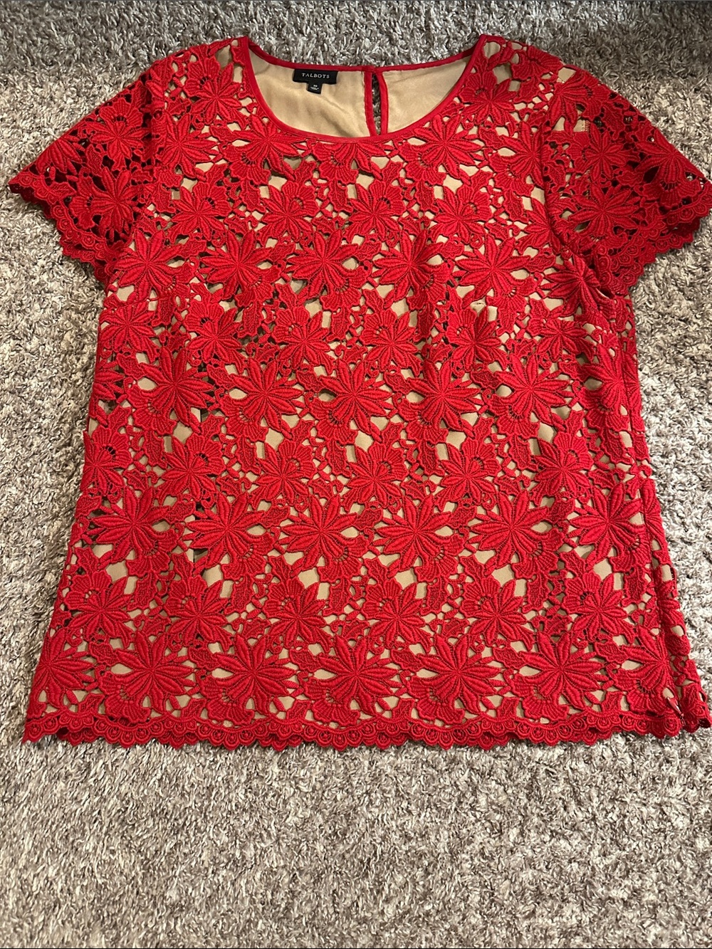 Talbots Red Floral Crochet Short Sleeve Top with Nude Lining size 10